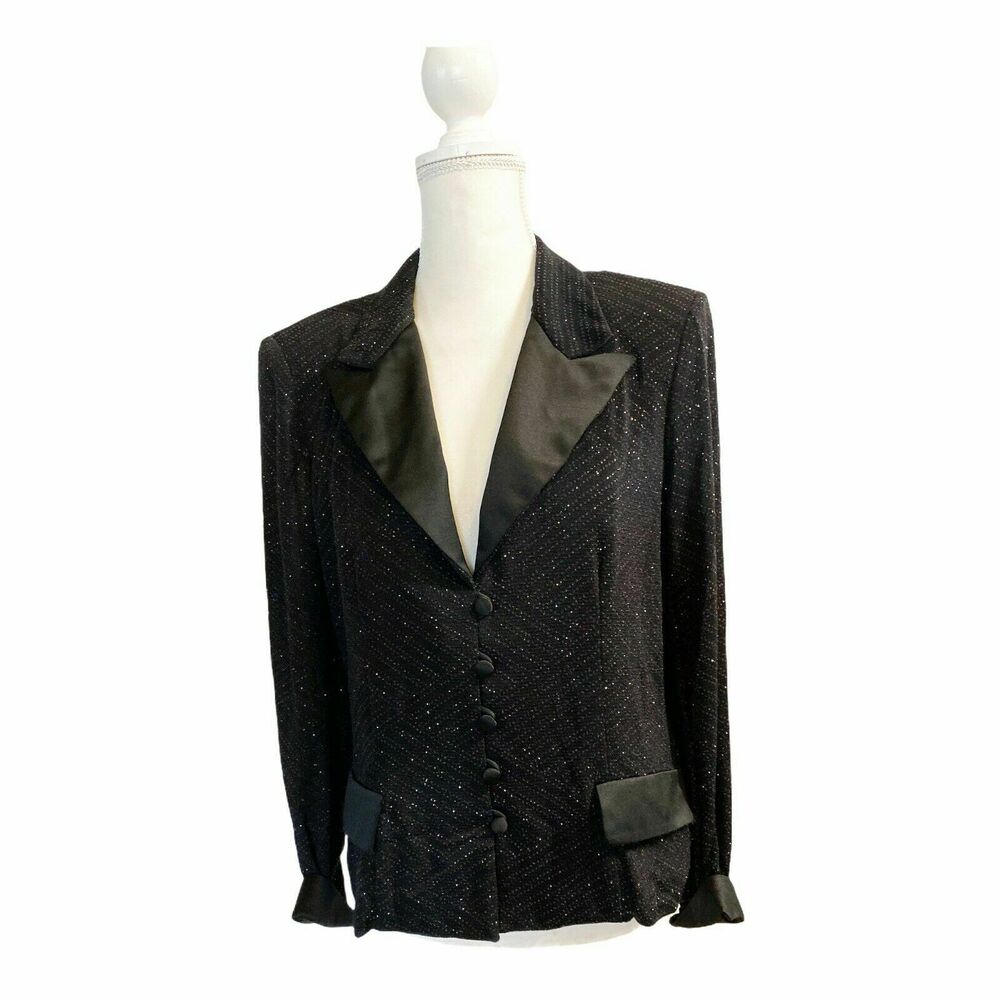 vintage Jeanne Alexander sparkly Satin Lapel blazer suit button front Black sz l
